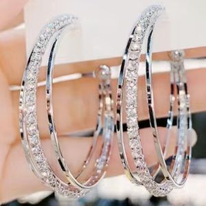 Diamond Silver Toned Hoop Stud Earrings